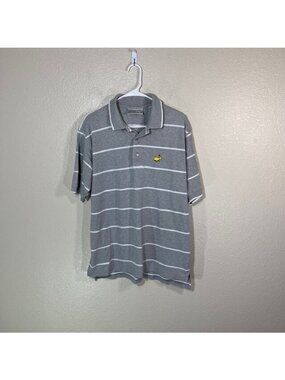 Masters Golf Polo Mens Large Gray White Striped Cotton Shirt Logo